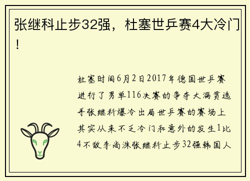 张继科止步32强，杜塞世乒赛4大冷门！