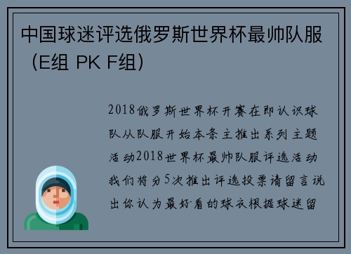 中国球迷评选俄罗斯世界杯最帅队服（E组 PK F组）